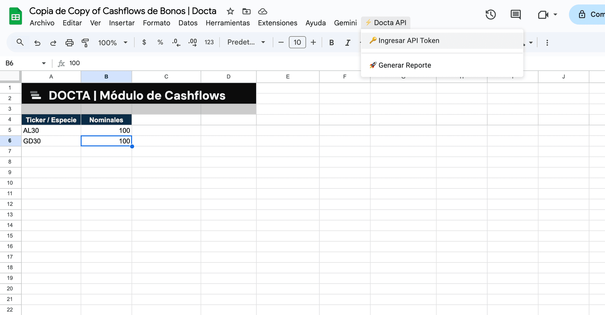 Menú Docta API en Sheets