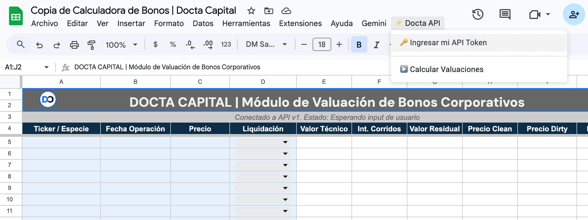 Menú de google sheets